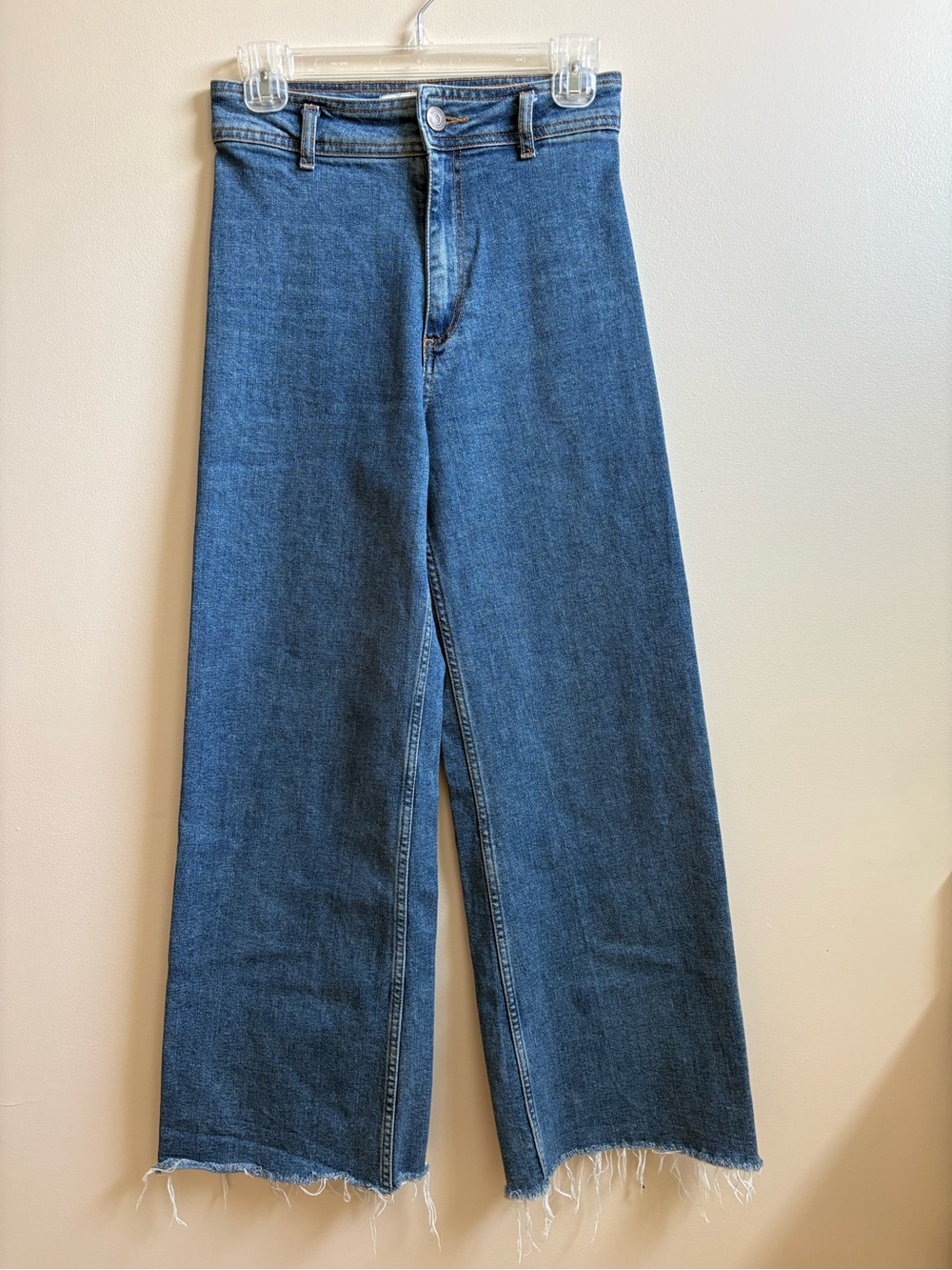 Zara Dark Blue High-Rise Wide Leg Jeans with Raw Hem
